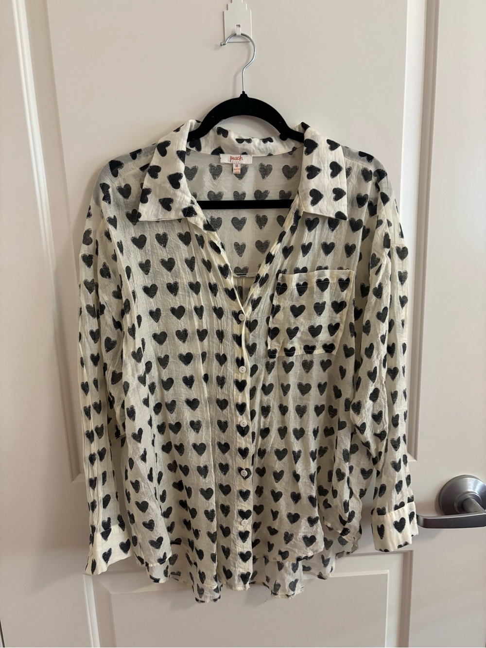 Peach Boutique Lightweight Heart Print Button-Down Shirt - Black Hearts on Cream